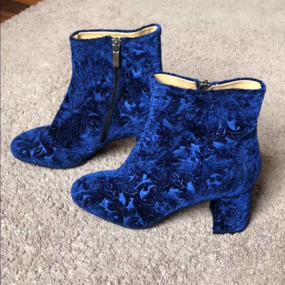Women's Royal Blue Velvet Embossed Ankle Booties with Side Zip